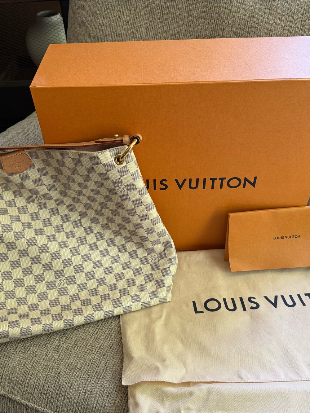 Louis Vuitton Gracefull MM Damier Azur Canvas Shoulder Bag - White/Tan/Gold